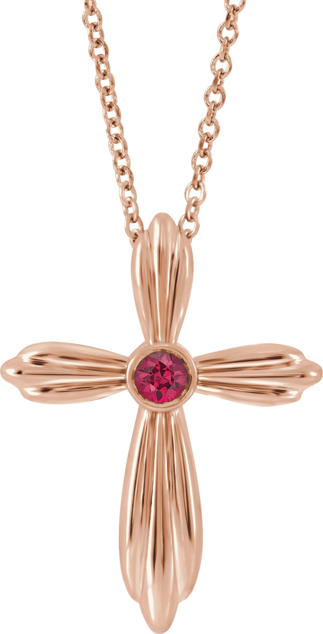 14K Gold Round Natural Ruby Bezel-Set Cross Necklace or Pendant - Rose Gold