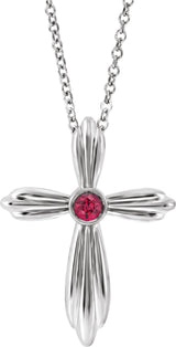 14K Gold Round Natural Ruby Bezel-Set Cross Necklace or Pendant - White Gold