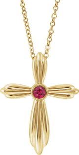 14K Gold Round Natural Ruby Bezel-Set Cross Necklace or Pendant - Yellow Gold