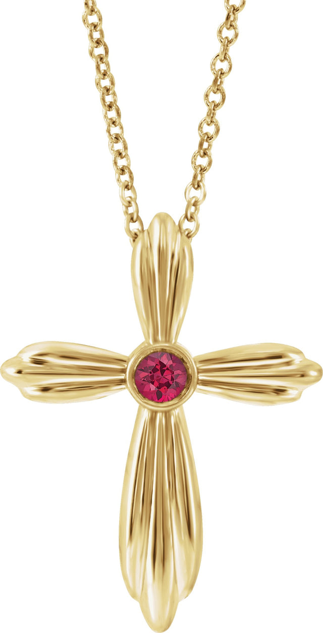 14K Gold Round Natural Ruby Bezel-Set Cross Necklace or Pendant - Yellow Gold