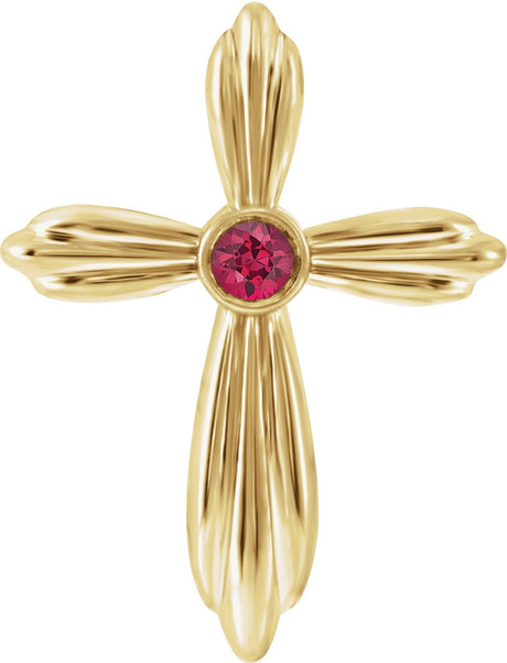 14K Gold Round Lab-Grown Ruby Bezel-Set Cross Necklace or Pendant - Yellow Gold