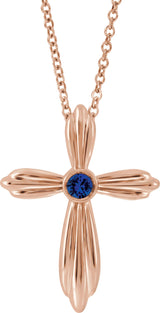 14K Gold Round Natural Blue Sapphire Bezel-Set Cross Necklace or Pendant - Rose Gold