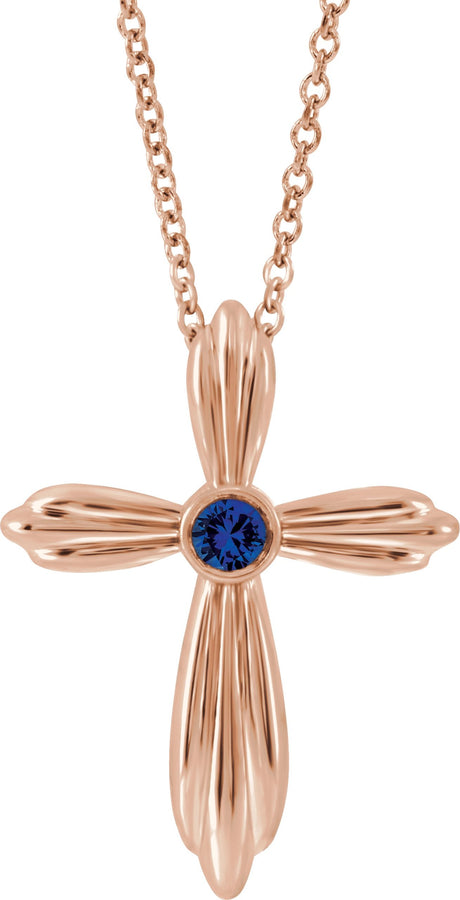 14K Gold Round Natural Blue Sapphire Bezel-Set Cross Necklace or Pendant - Rose Gold