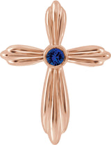 14K Gold Round Lab-Grown Blue Sapphire Bezel-Set Cross Necklace or Pendant - Rose Gold