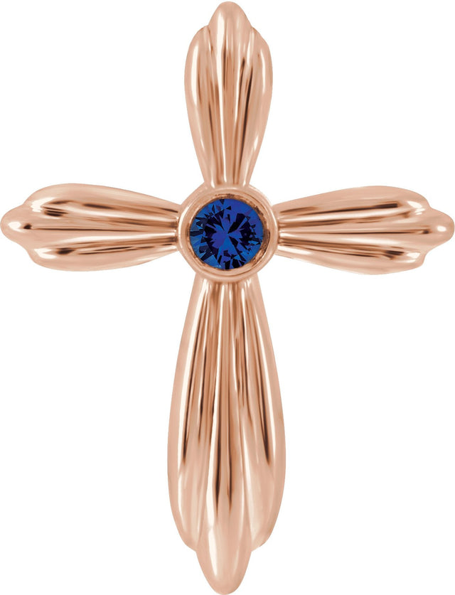 14K Gold Round Lab-Grown Blue Sapphire Bezel-Set Cross Necklace or Pendant - Rose Gold