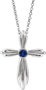 14K Gold Round Natural Blue Sapphire Bezel-Set Cross Necklace or Pendant - White Gold