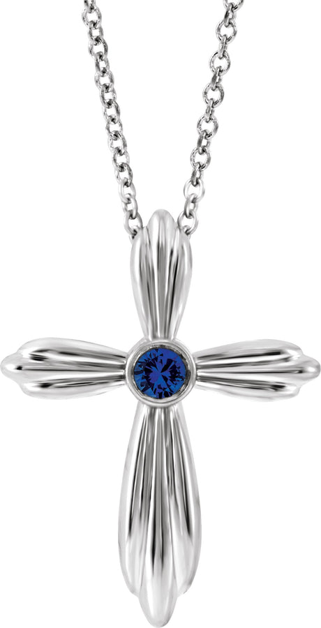 14K Gold Round Natural Blue Sapphire Bezel-Set Cross Necklace or Pendant - White Gold