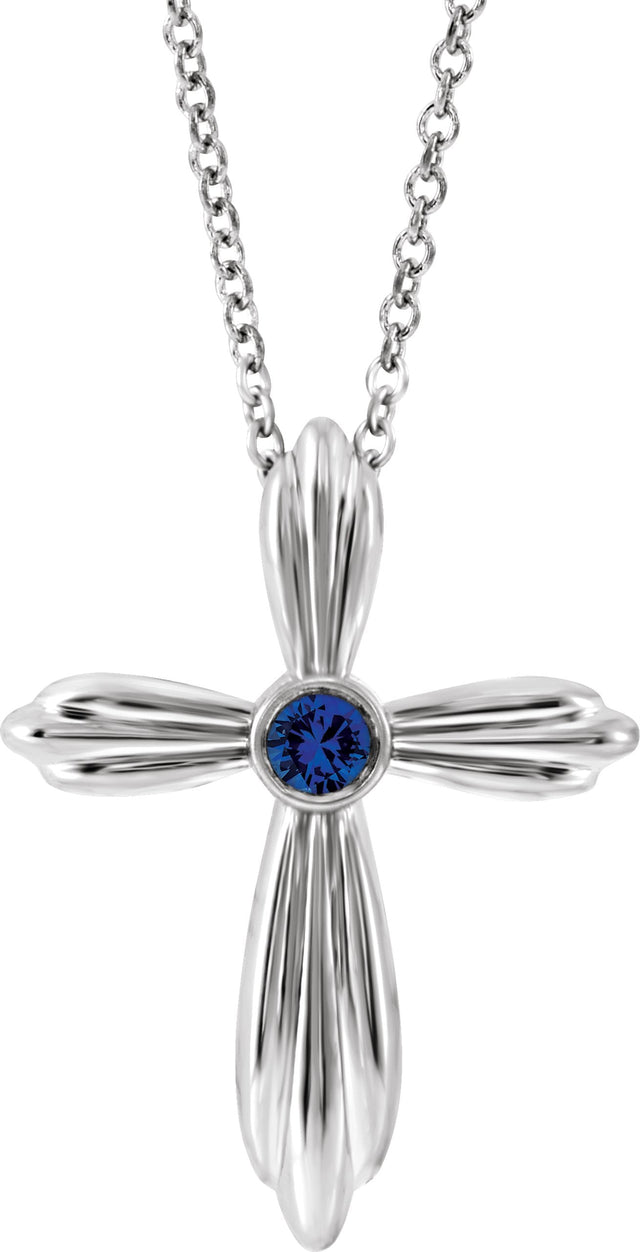 14K Gold Round Natural Blue Sapphire Bezel-Set Cross Necklace or Pendant - White Gold