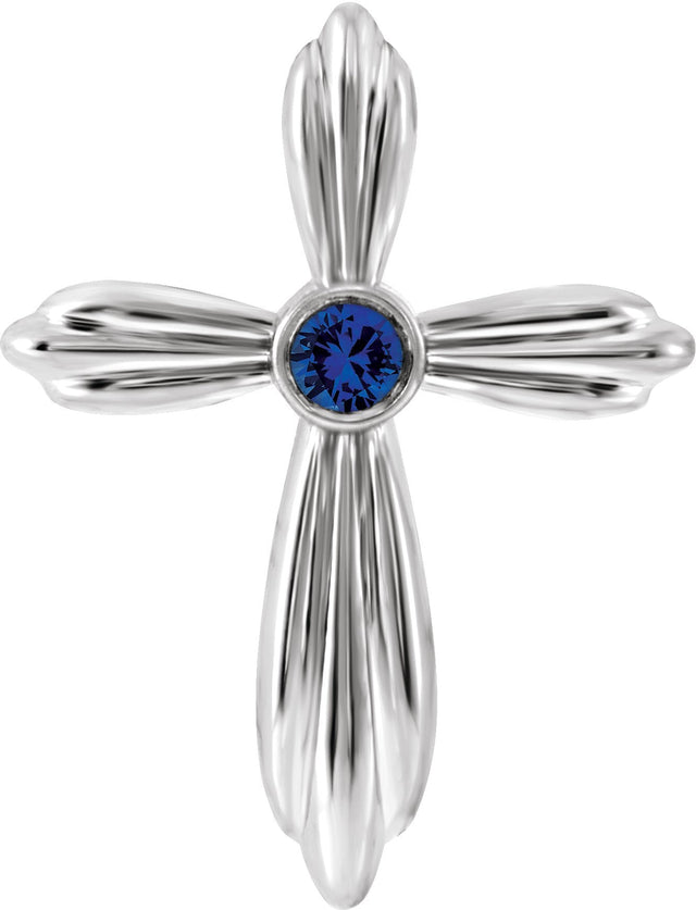14K Gold Round Lab-Grown Blue Sapphire Bezel-Set Cross Necklace or Pendant - White Gold