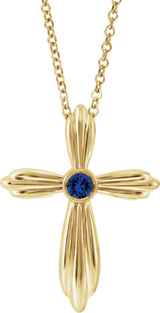 14K Gold Round Natural Blue Sapphire Bezel-Set Cross Necklace or Pendant - Yellow Gold