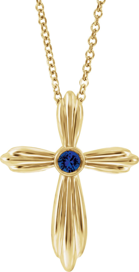14K Gold Round Natural Blue Sapphire Bezel-Set Cross Necklace or Pendant - Yellow Gold