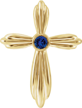 14K Gold Round Natural Blue Sapphire Bezel-Set Cross Necklace or Pendant - Yellow Gold