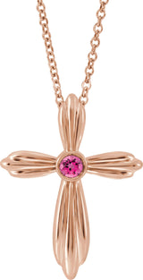 14K Gold Round Natural Pink Tourmaline Bezel-Set Cross Necklace or Pendant - Rose Gold