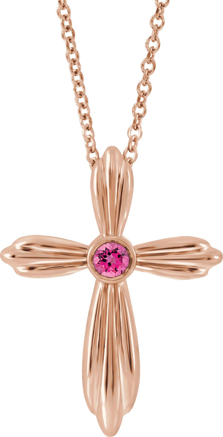 14K Gold Round Natural Pink Tourmaline Bezel-Set Cross Necklace or Pendant - Rose Gold