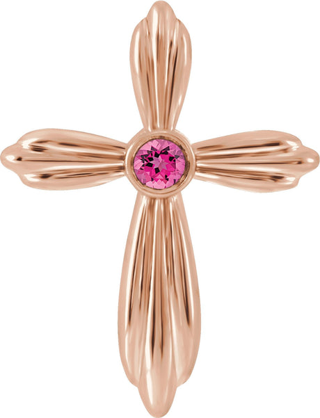 14K Gold Round Natural Pink Tourmaline Bezel-Set Cross Necklace or Pendant - Rose Gold