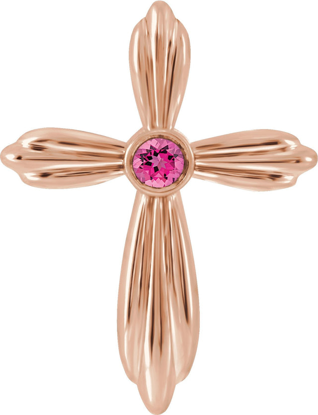 14K Gold Round Natural Pink Tourmaline Bezel-Set Cross Necklace or Pendant - Rose Gold