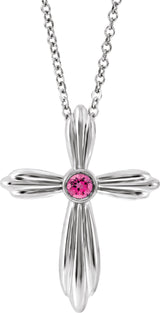 14K Gold Round Natural Pink Tourmaline Bezel-Set Cross Necklace or Pendant - White Gold