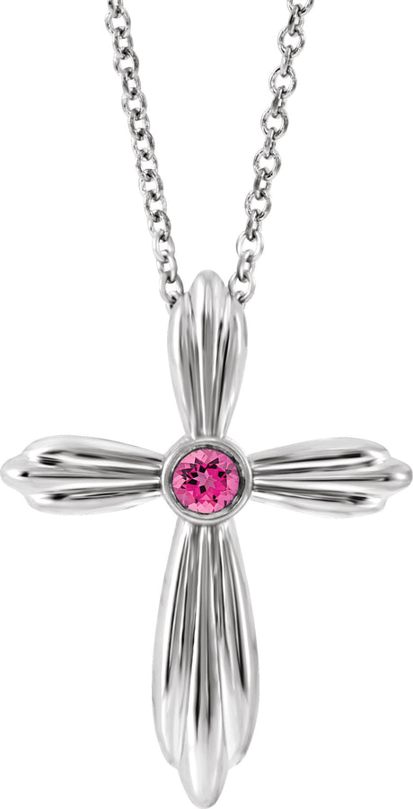 14K Gold Round Natural Pink Tourmaline Bezel-Set Cross Necklace or Pendant - White Gold