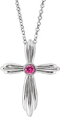 14K Gold Round Natural Pink Tourmaline Bezel-Set Cross Necklace or Pendant - White Gold