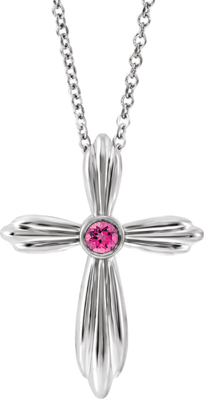Platinum Round Natural Pink Tourmaline Bezel-Set Cross Necklace or Pendant