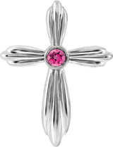 14K Gold Round Natural Pink Tourmaline Bezel-Set Cross Necklace or Pendant - White Gold