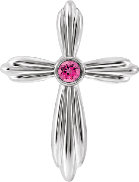 14K Gold Round Natural Pink Tourmaline Bezel-Set Cross Necklace or Pendant - White Gold