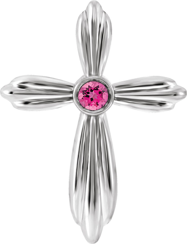 14K Gold Round Natural Pink Tourmaline Bezel-Set Cross Necklace or Pendant - White Gold