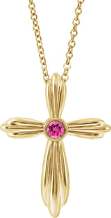 14K Gold Round Natural Pink Tourmaline Bezel-Set Cross Necklace or Pendant - Yellow Gold