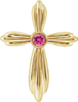 14K Gold Round Natural Pink Tourmaline Bezel-Set Cross Necklace or Pendant - Yellow Gold