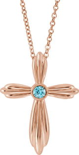 14K Gold Round Natural Blue Zircon Bezel-Set Cross Necklace or Pendant - Rose Gold