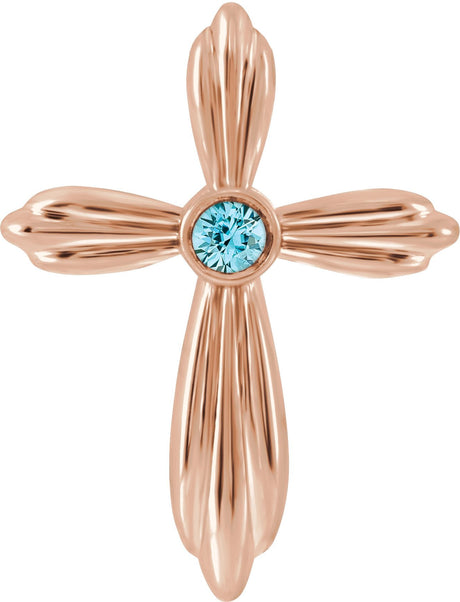 14K Gold Round Natural Blue Zircon Bezel-Set Cross Necklace or Pendant - Rose Gold