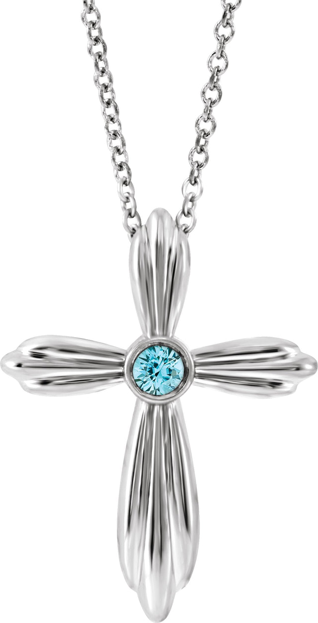Platinum Round Natural Blue Zircon Bezel-Set Cross Necklace or Pendant