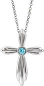 Platinum Round Natural Blue Zircon Bezel-Set Cross Necklace or Pendant