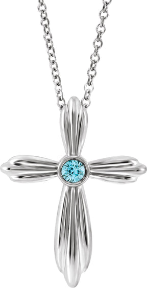 14K Gold Round Natural Blue Zircon Bezel-Set Cross Necklace or Pendant - White Gold