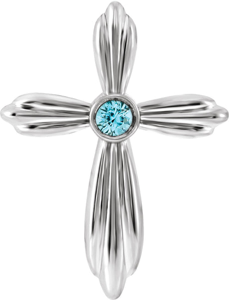 Platinum Round Natural Blue Zircon Bezel-Set Cross Necklace or Pendant