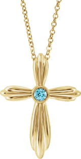 14K Gold Round Natural Blue Zircon Bezel-Set Cross Necklace or Pendant - Yellow Gold