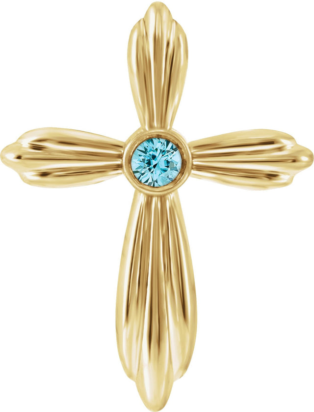 14K Gold Round Natural Blue Zircon Bezel-Set Cross Necklace or Pendant - Yellow Gold