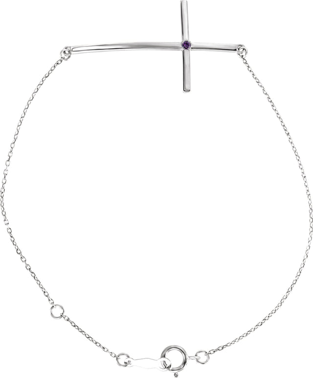 14K Gold Round Natural Amethyst Accented Sideways Cross Bracelet - White Gold