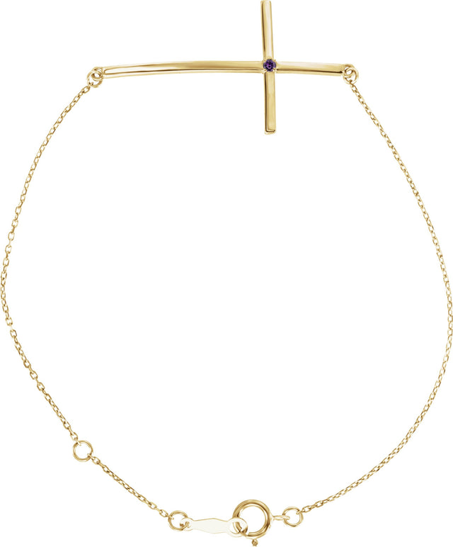 14K Gold Round Natural Amethyst Accented Sideways Cross Bracelet - Yellow Gold