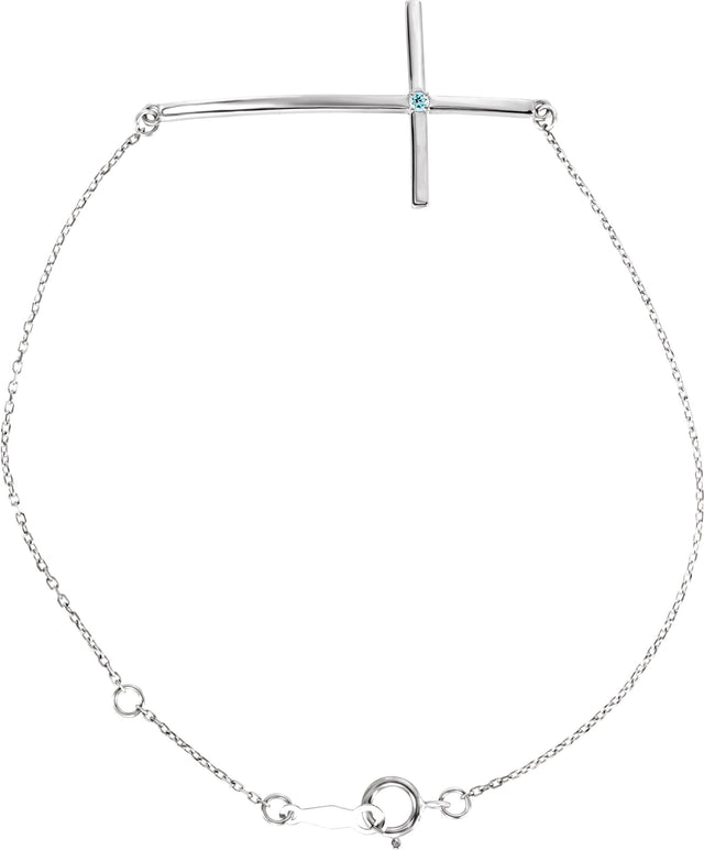 Platinum Round Natural Aquamarine Accented Sideways Cross Bracelet