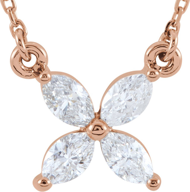 14K Gold Marquise Natural Diamond Floral Necklace - Rose Gold
