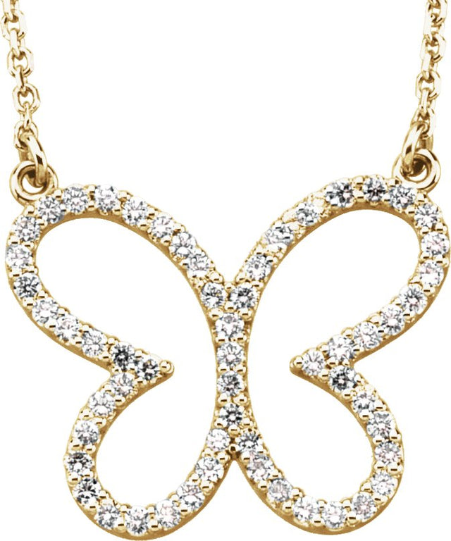 14K Gold Round Natural Diamond Butterfly Necklace - Yellow Gold