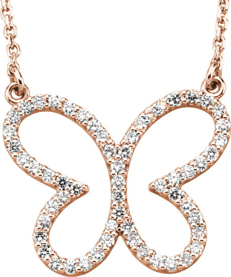 14K Gold Round Natural Diamond Butterfly Necklace - Rose Gold