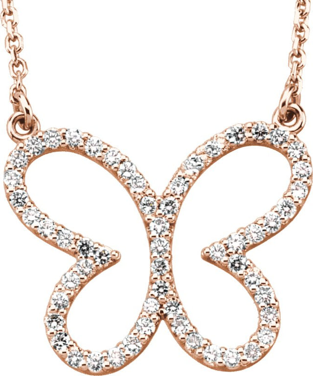14K Gold Round Natural Diamond Butterfly Necklace - Rose Gold