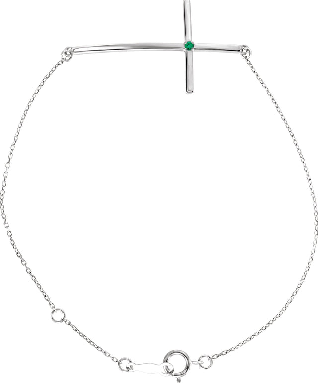 Platinum Round Natural Emerald Accented Sideways Cross Bracelet