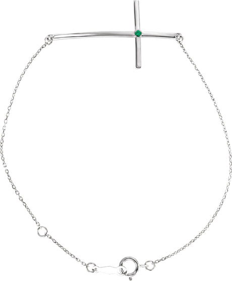 14K Gold Round Natural Emerald Accented Sideways Cross Bracelet - White Gold