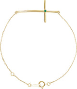 14K Gold Round Natural Emerald Accented Sideways Cross Bracelet - Yellow Gold