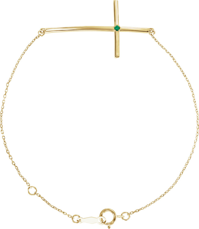 14K Gold Round Natural Emerald Accented Sideways Cross Bracelet - Yellow Gold