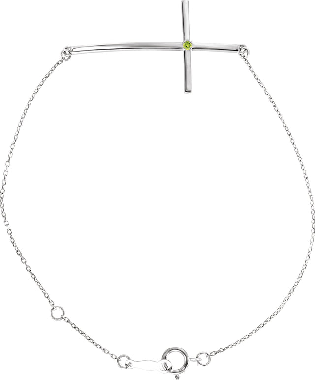 14K Gold Round Natural Peridot Accented Sideways Cross Bracelet - White Gold