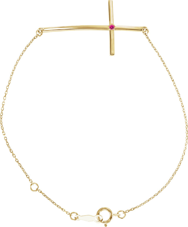 14K Gold Round Natural Pink Tourmaline Accented Sideways Cross Bracelet - Yellow Gold